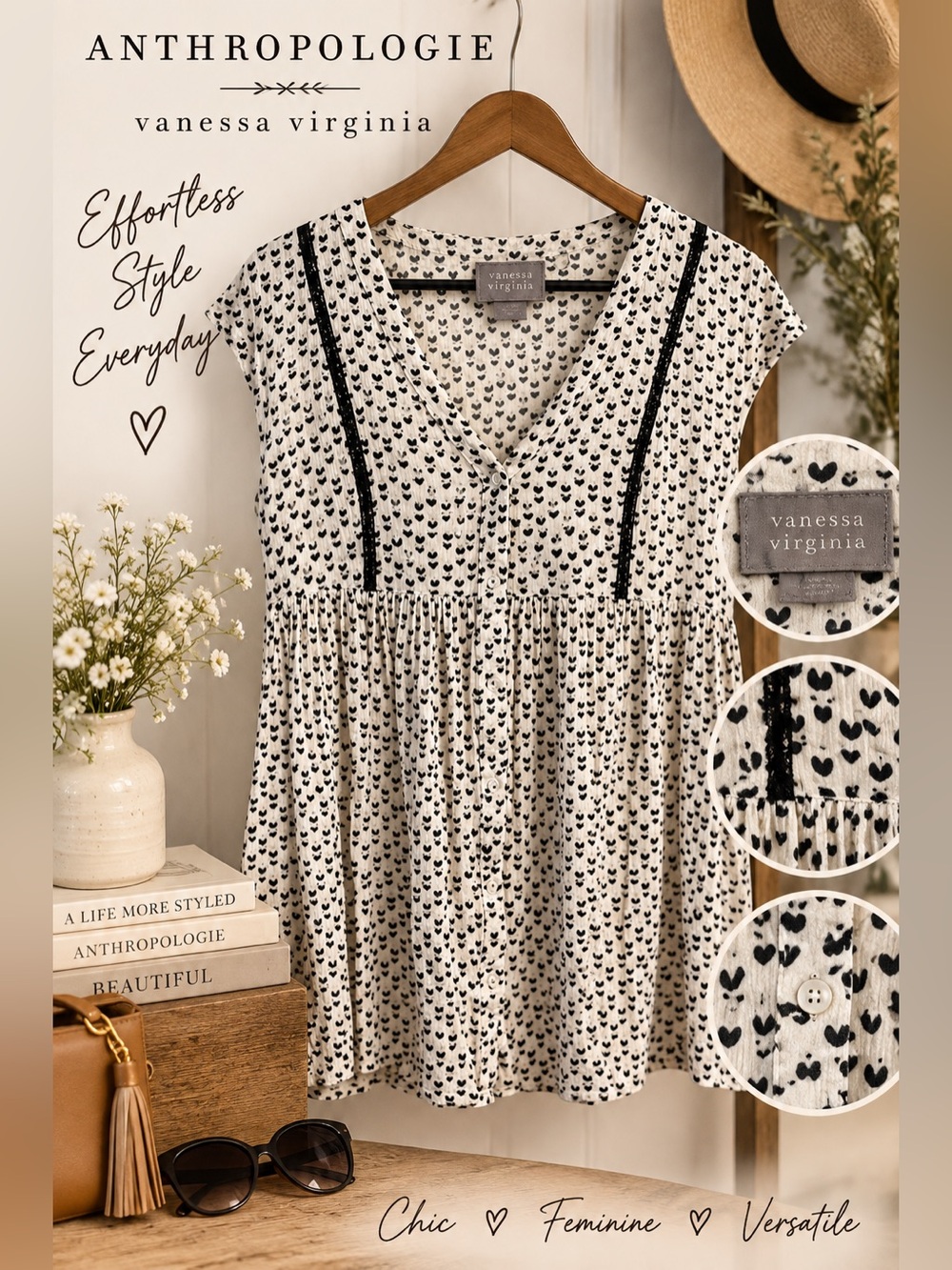 Anthropologie Vanessa Virginia Heart Print Boho Tunic Blouse Black Cream Small
